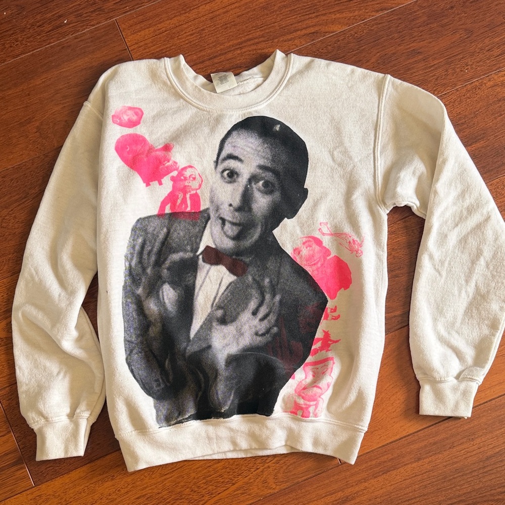 White Pee-Wee Crewneck Sweater with Pink Accents